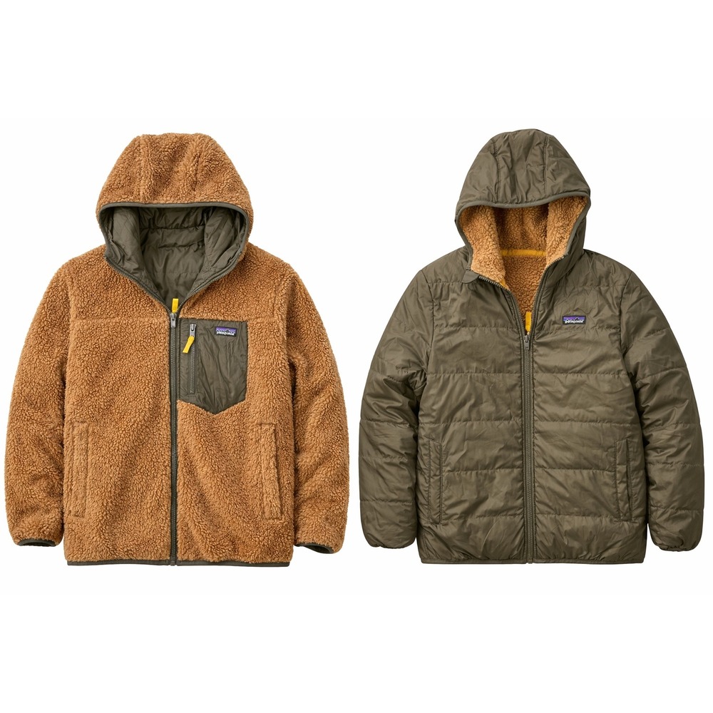 Patagonia Reversible Fleece Puffer Jacket Boys Brown Green Hooded Size‎ Large